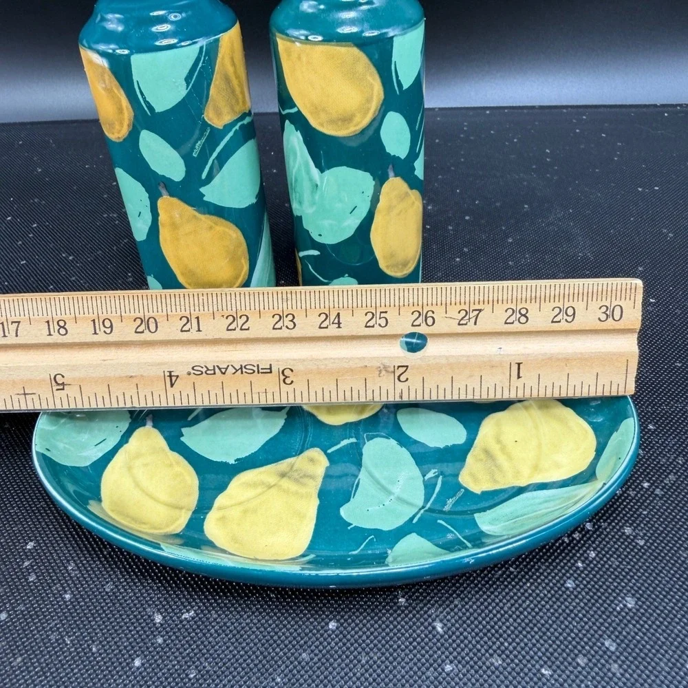 Anthropologie Pear Salt and Pepper Shakers with Tray Teal Green Yellow‎ Ceramic